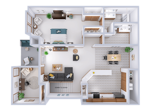 Floor plan for 1 bed, 1.5 baths, 1129 sqft